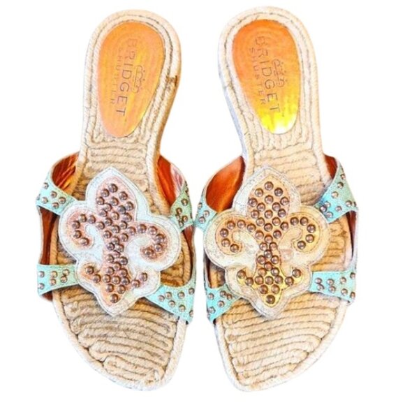 BRIDGET SHUSTER Shoes - BRIDGET SHUSTER Leather Studded Esparadille Fluer De Lis Sandals Size 8